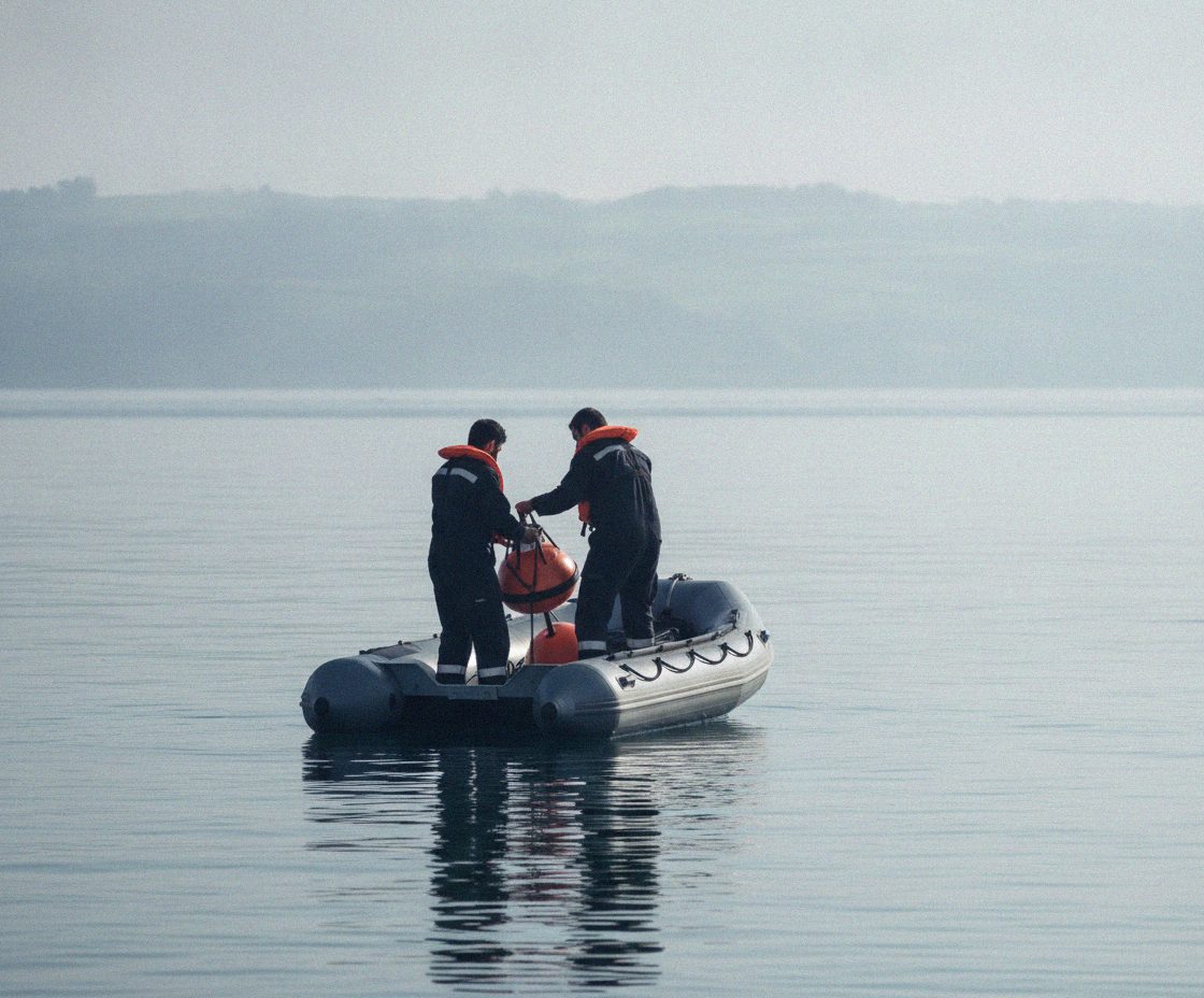 Two engineers in a rigid inflatable boat lowering a buoy into estuary water